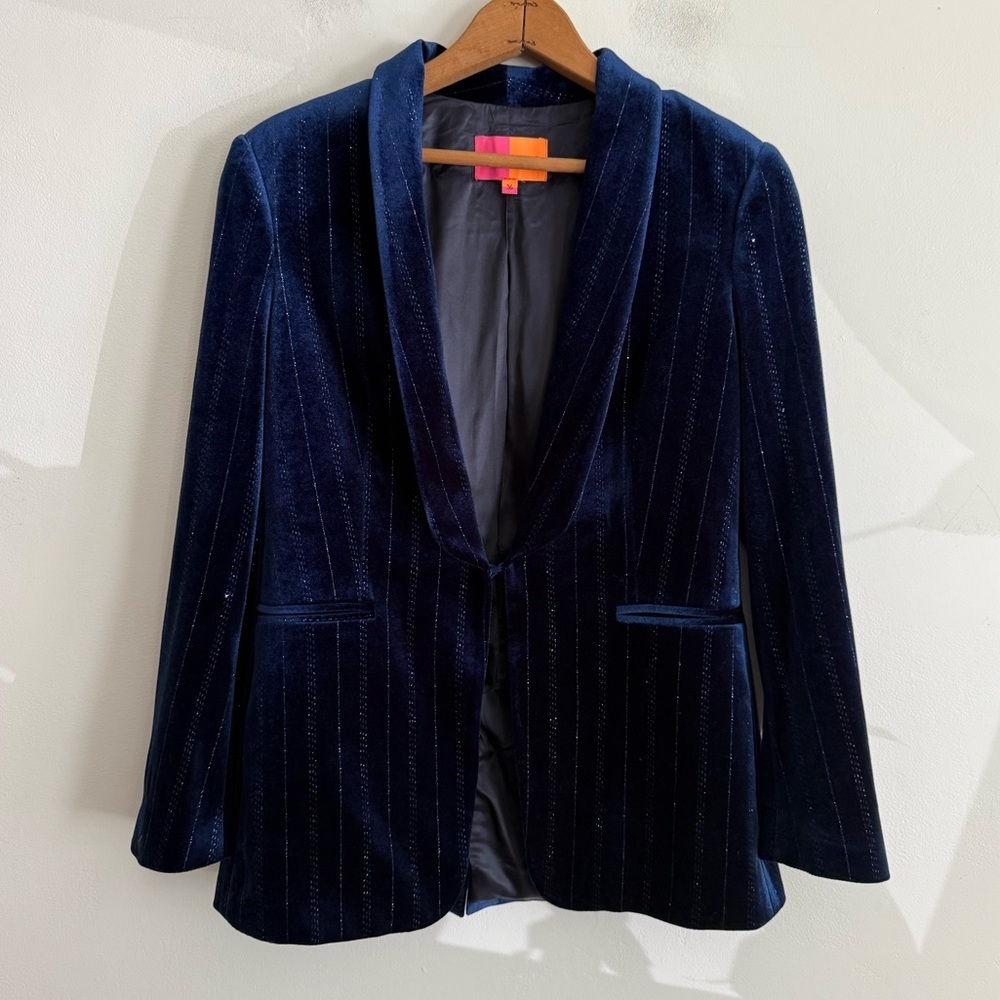 Vilagallo Navy Velvet Blazer with Metallic Glitter Pinstripes – Size 36